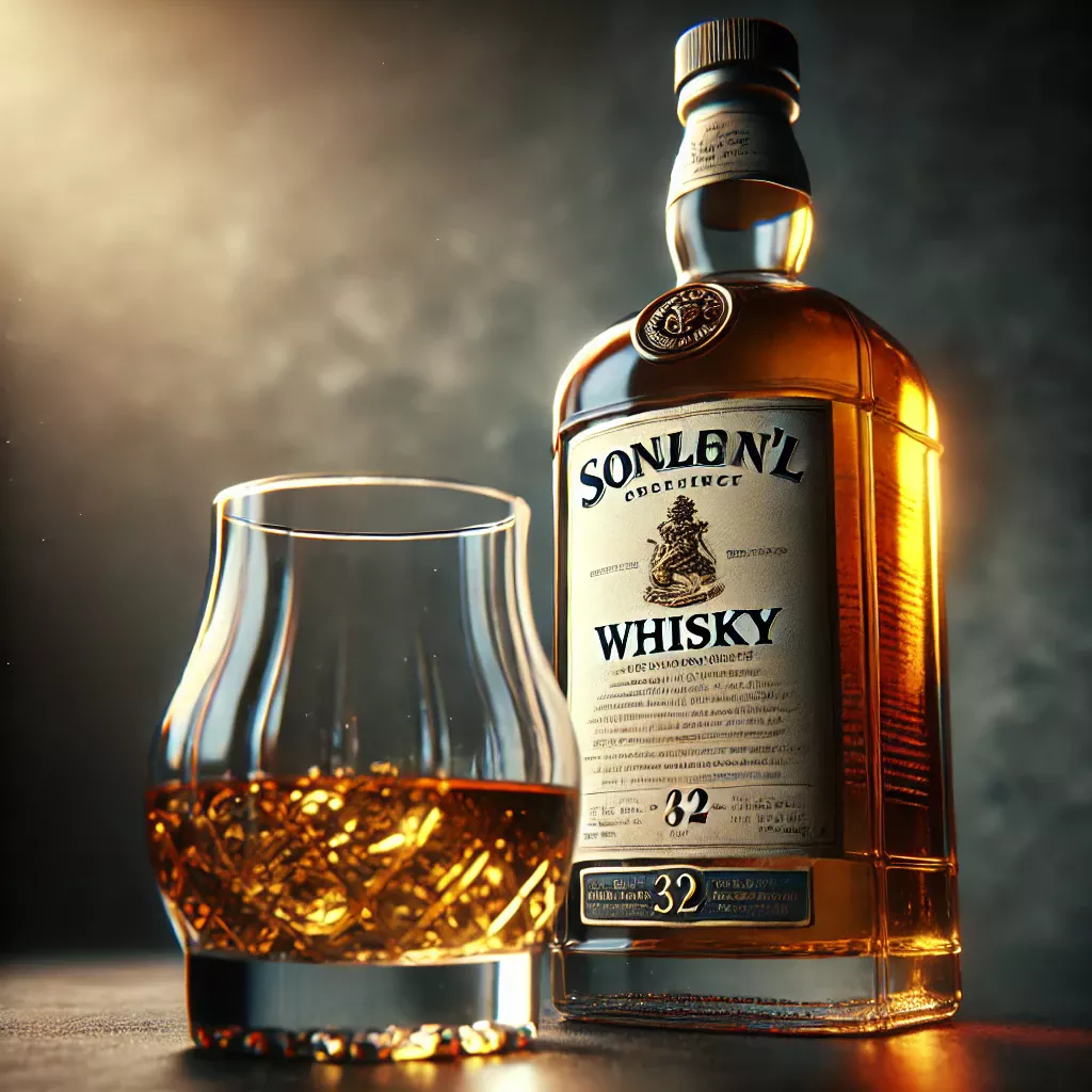 whiskyflaska Närbild av en whiskyflaska med etiketten i fokus, bredvid ett halvt fyllt glas där dryckens gyllene färg glimmar i ljuset