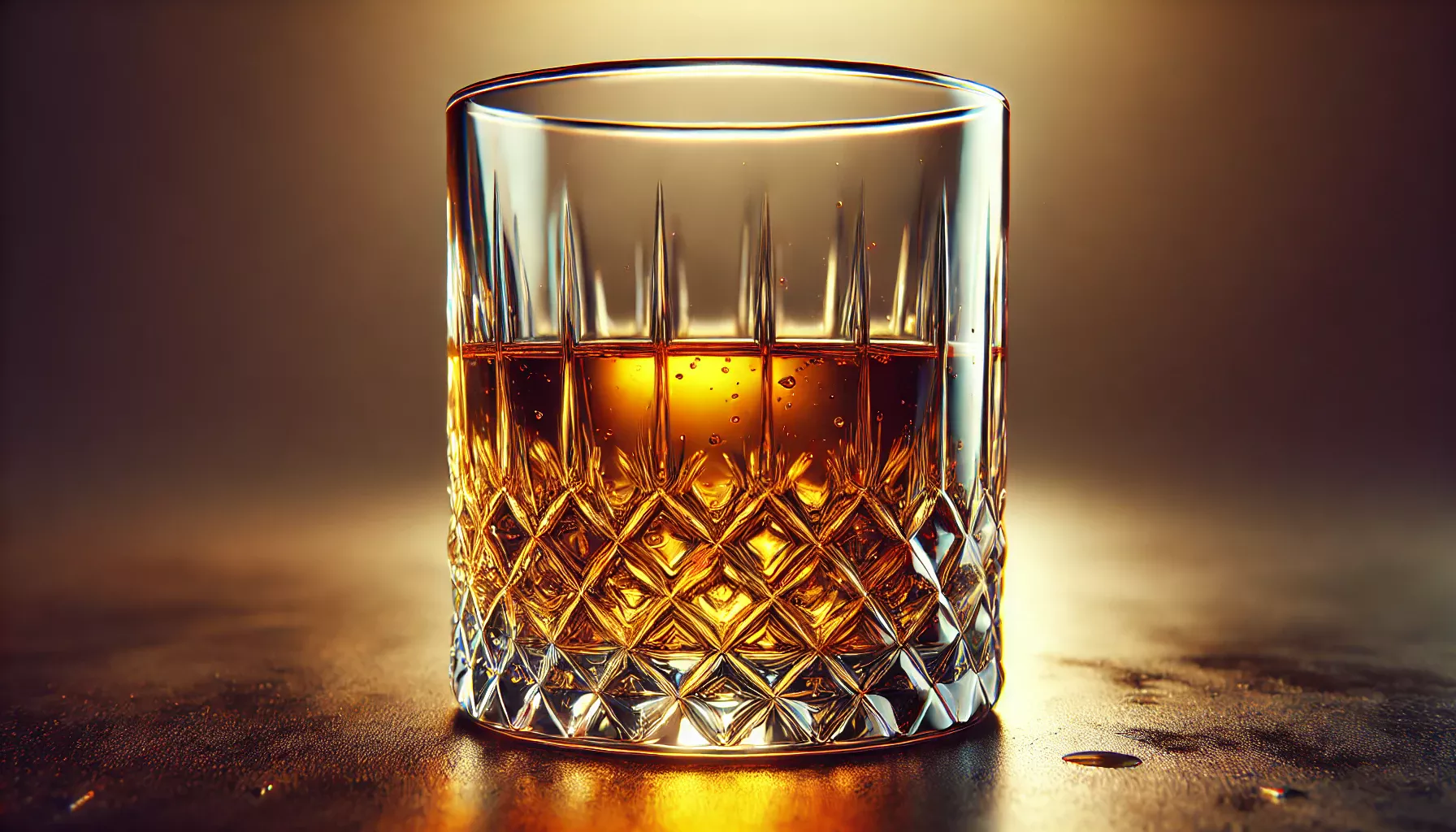 traditionellt whiskyglas med tjock botten, fyllt med gyllene whisky som reflekterar det varma ljuset och framhäver dess rika färgtoner.