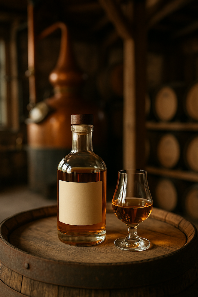 Gårdsförsäljning av whiskey – flaska och glas på träfat i svensk destillerimiljö