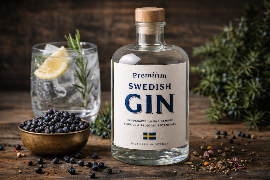 Premium svensk gin serverad i glas med enbär och botanicals på ett rustikt bord i mjukt ljus.